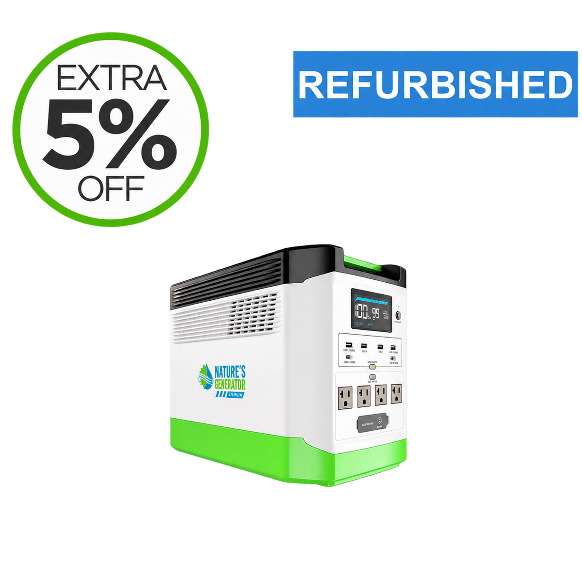 A Nature's Creative 110V Portable Power Station shown on a white background with promotional badges reading 'EXTRA 5% OFF' and 'REFURBISHED'. The product is white with bright green accents on the base and top trim, and black on the vented top section.
