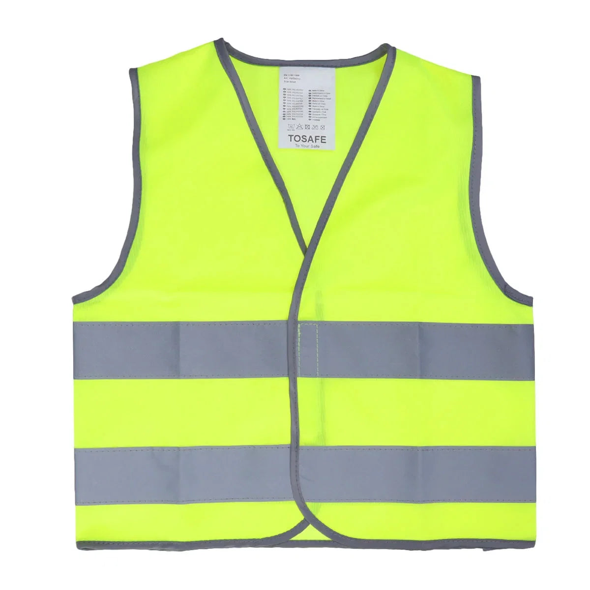 A high-visibility safety vest in neon yellow-green with two horizontal gray reflective stripes and gray trim, shown flat against a white background. The brand name 'TOSAFE' is visible on the inner neck label.