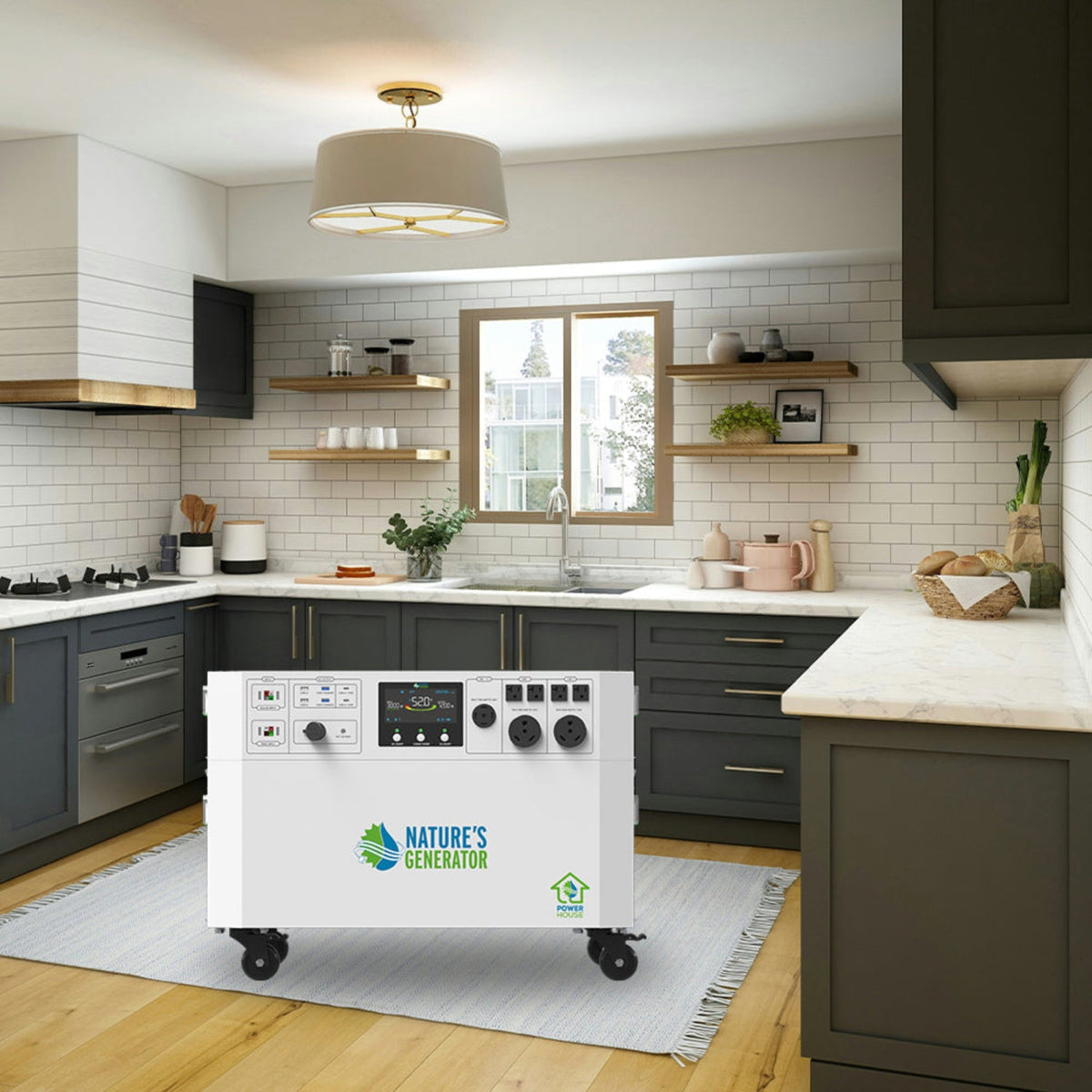 Portable power station labeled 'Nature's Generator' in a modern kitchen.