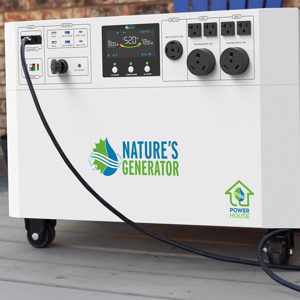 Power station with 'Nature's Generator' branding on a wooden surface.