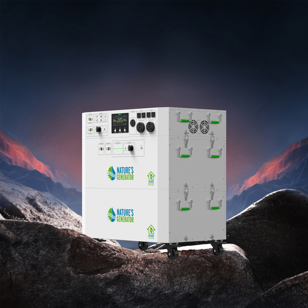 White generator with 'Nature's Generator' branding on a mountainous background