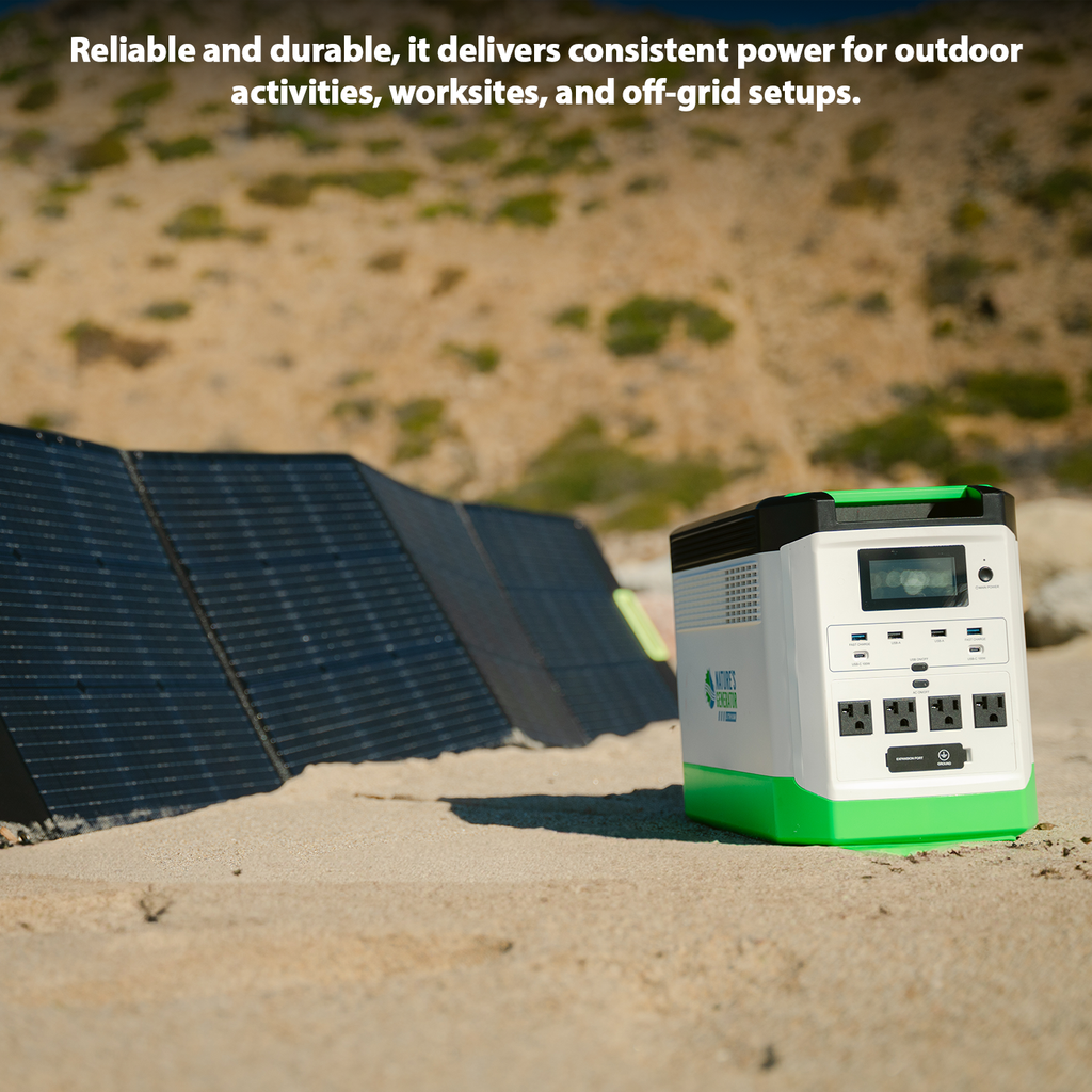 Portable power station with solar panel on sandy ground, text about reliability and power delivery.