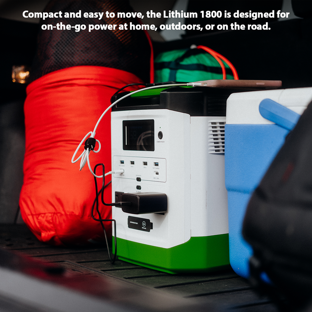 Portable power station with red sleeping bag and blue cooler in the background