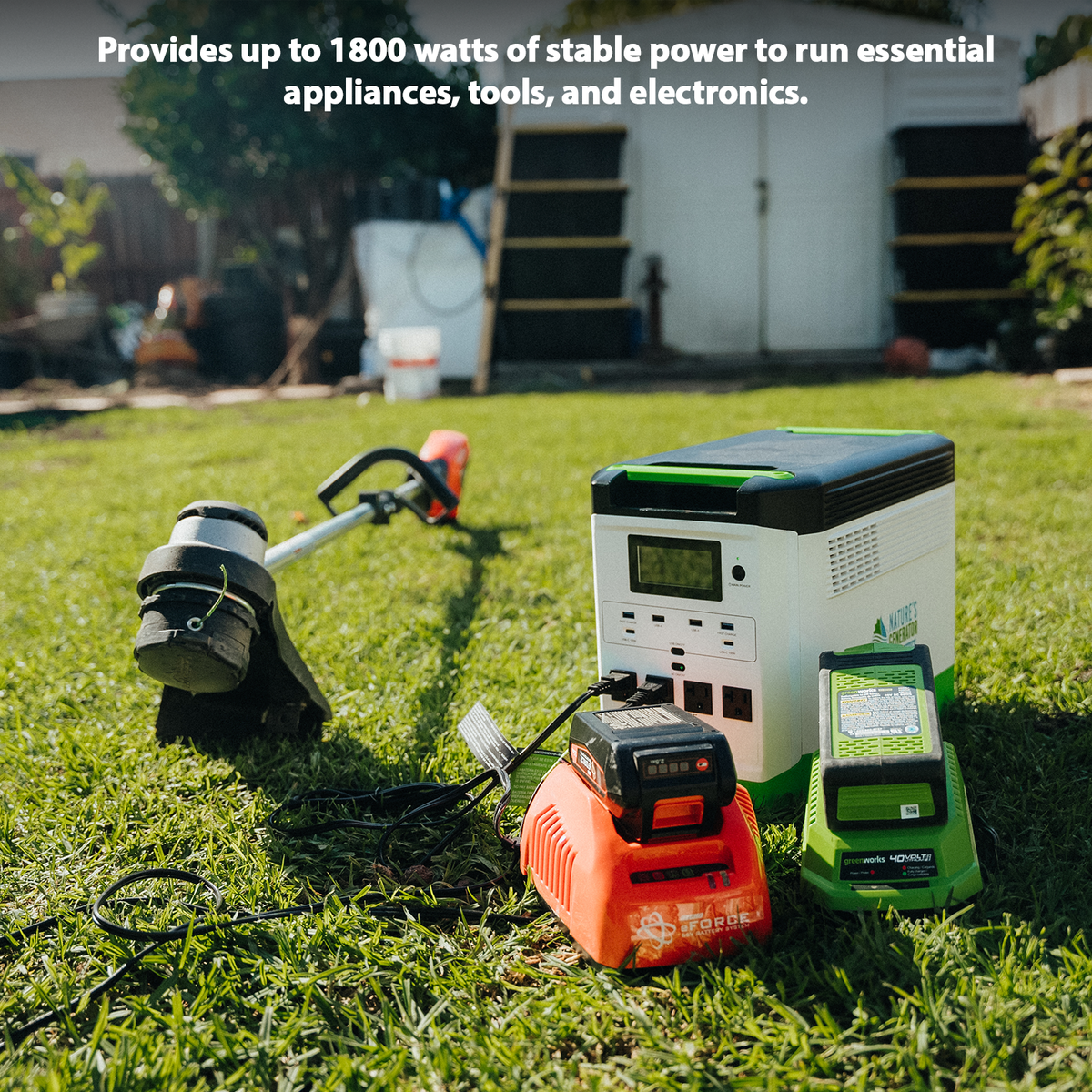 Portable power station and gardening tools on grass with text about power output.