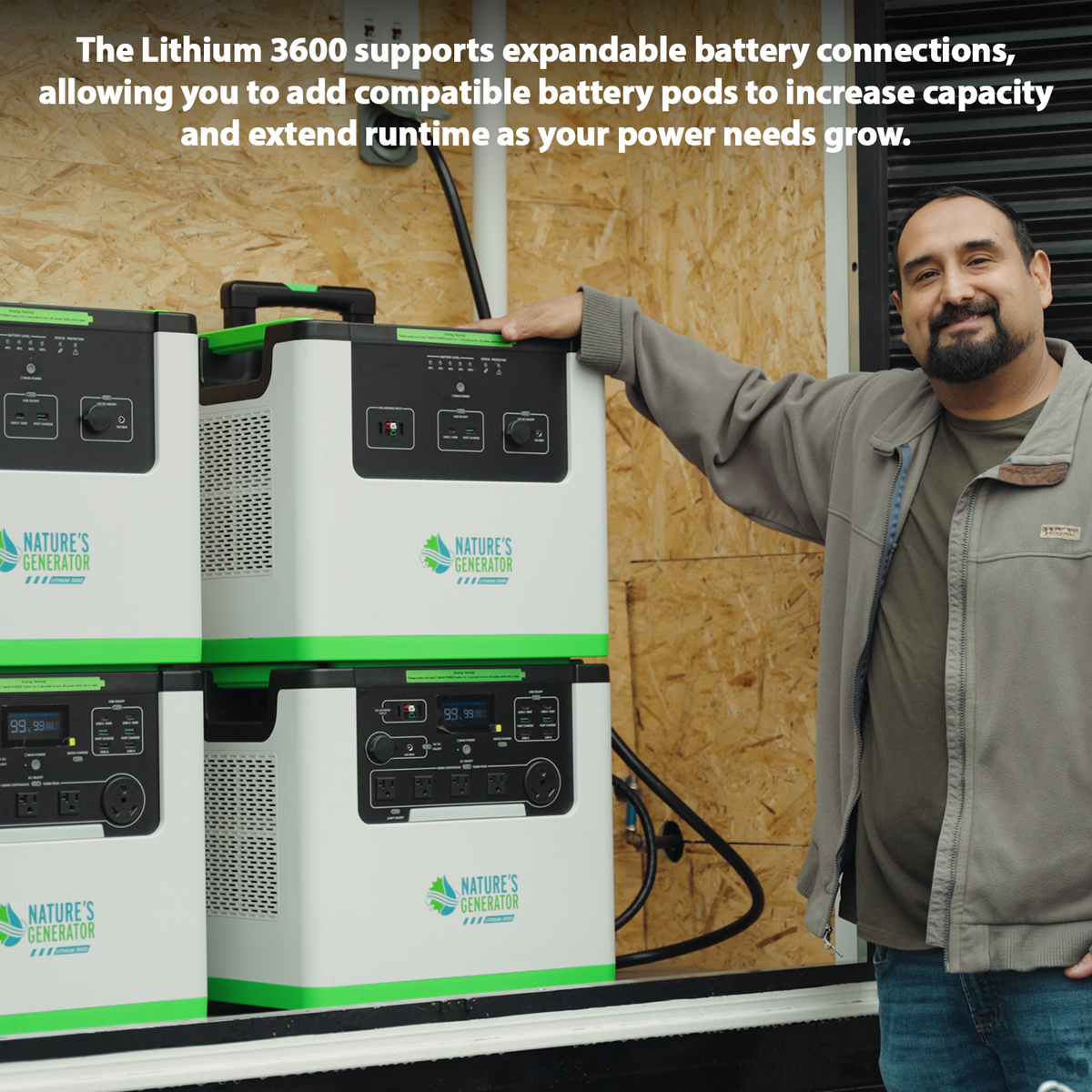 Person standing next to a large lithium battery system with text about expandable battery connections.