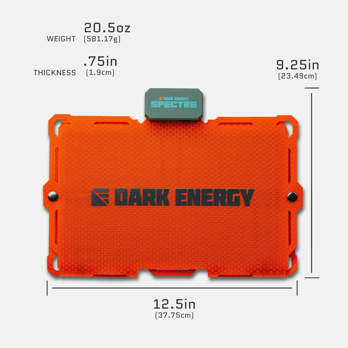 Orange dark energy product with dimensions and weight information on a white background