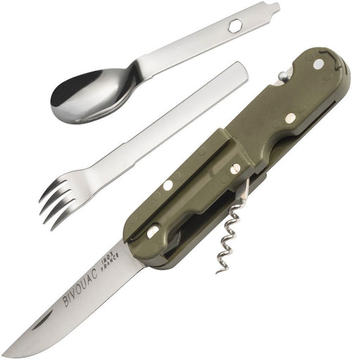 Multitool with knife, fork, and spoon on a white background