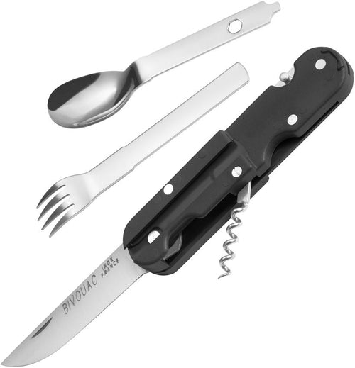 Multitool with knife, fork, and spoon on a white background