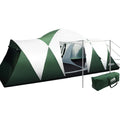 A green and white dome-style camping tent with an attached vestibule and silver support poles, shown on a plain white background with its carrying bag beside it.