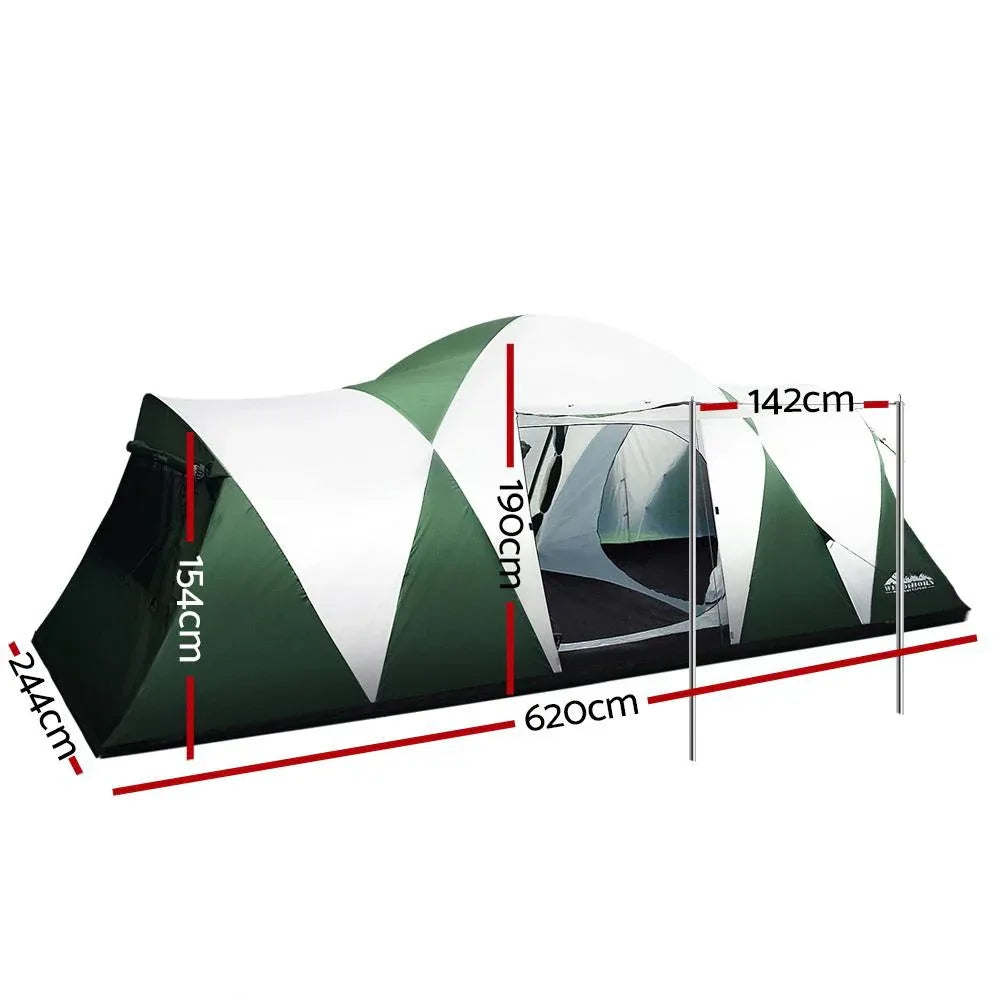 Camping tent with dimensions marked on a white background