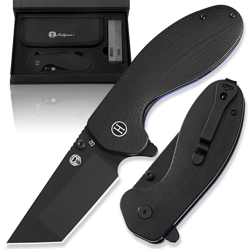Black folding knife with open and closed blade on a white background