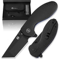 Black folding knife with open and closed blade on a white background