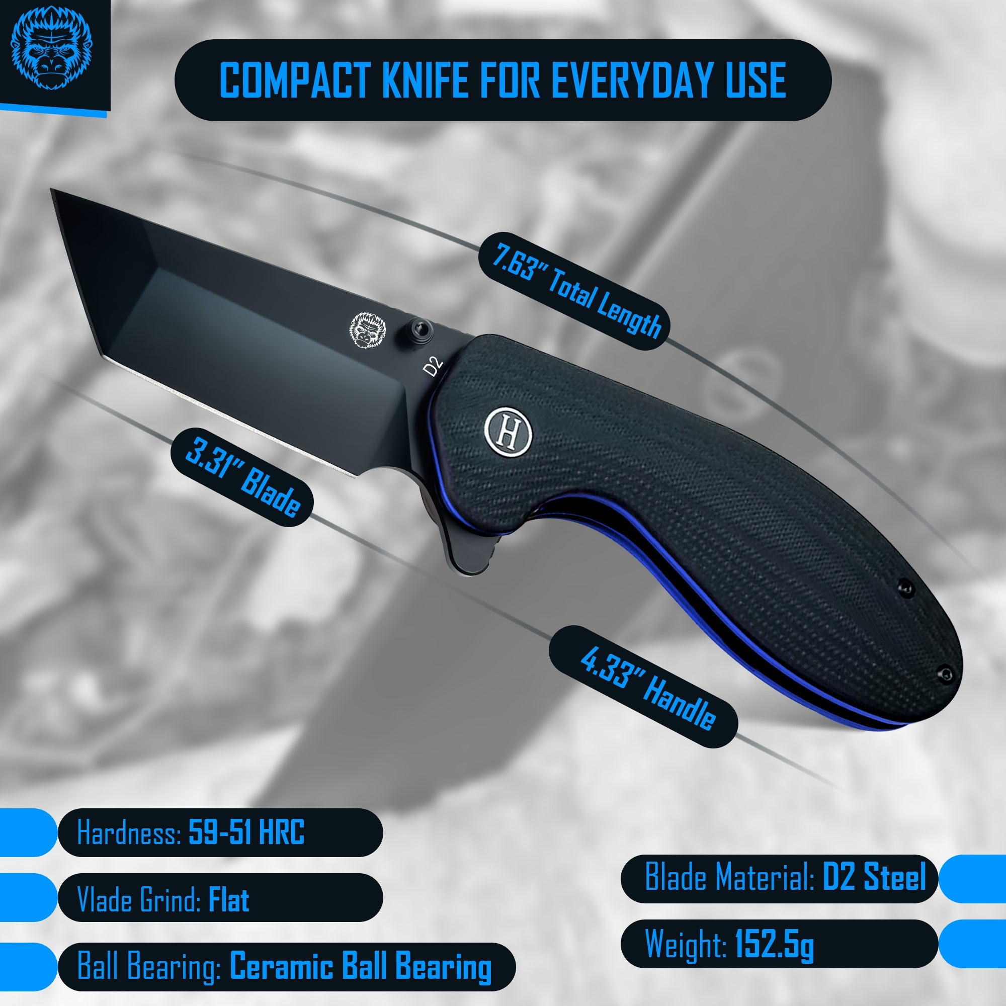 Folding knife with specifications on a gray background