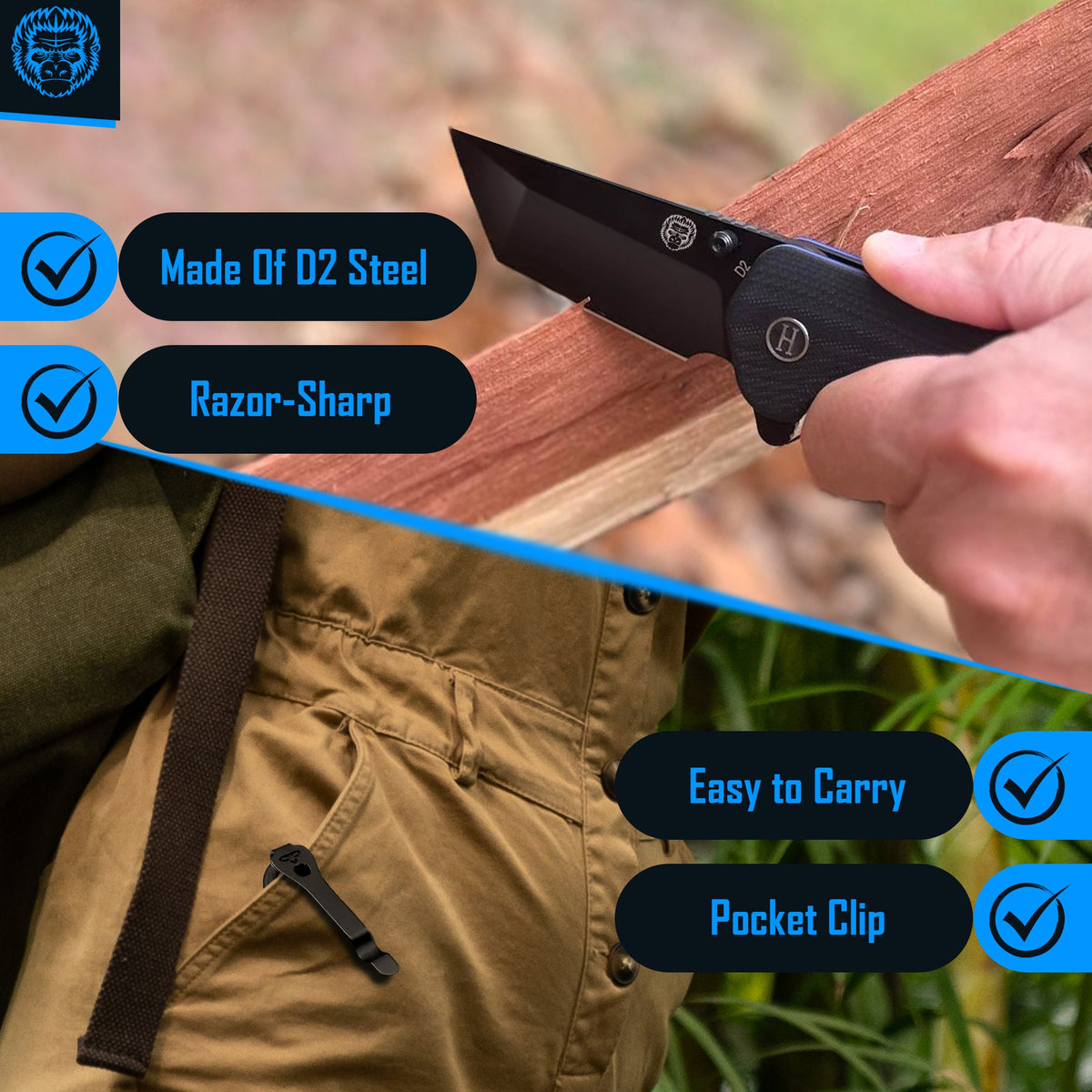 Person using a knife to cut wood with product features highlighted