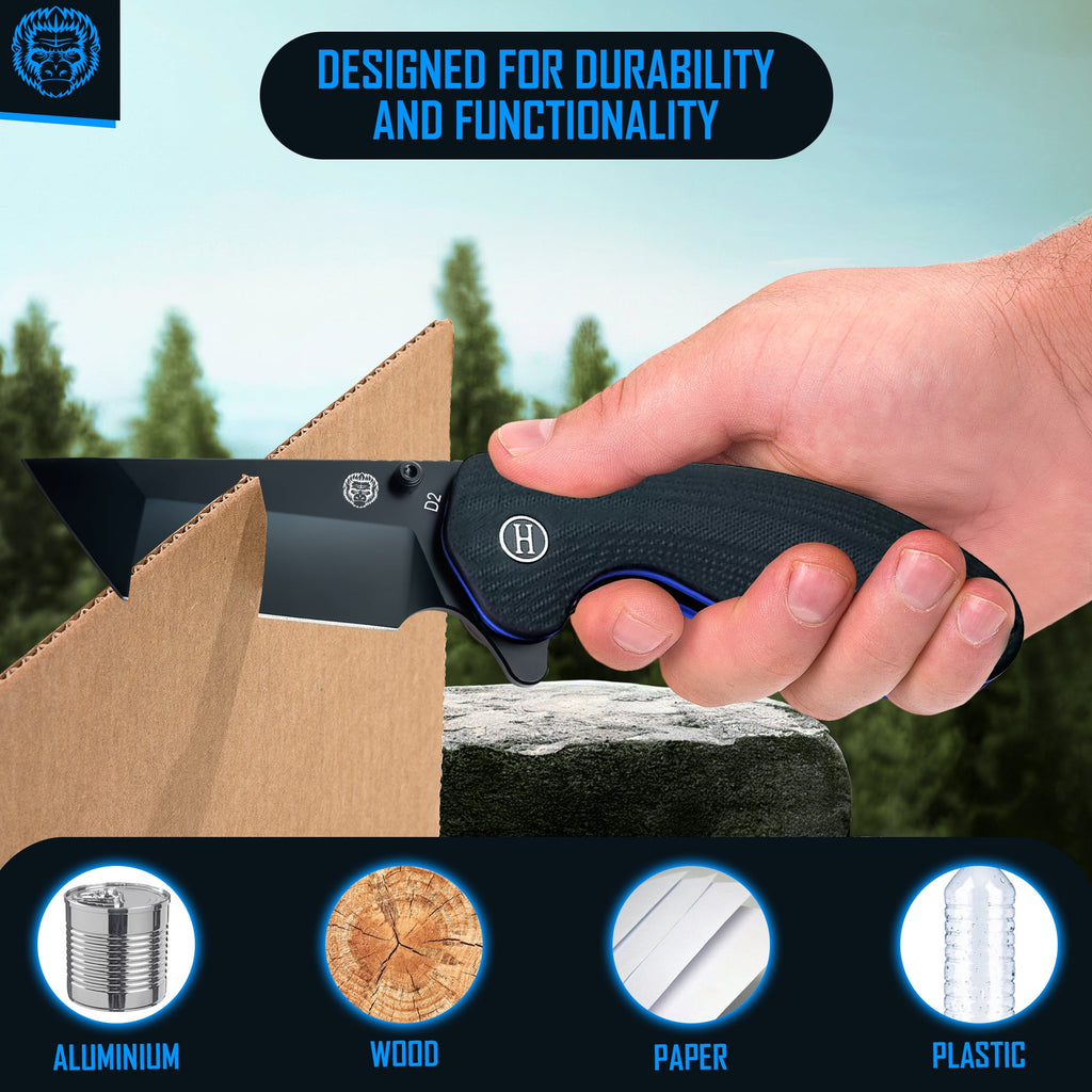 Hand holding a black folding knife with durability features highlighted on a scenic background