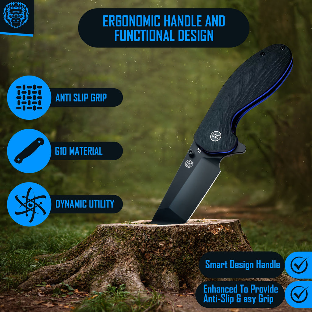 Folding knife on a tree stump with features highlighted against a natural background