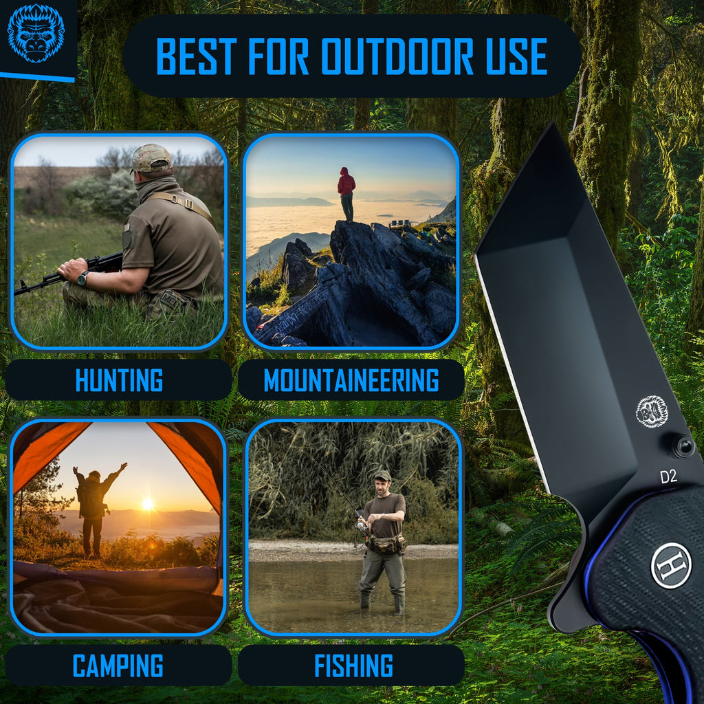 Knife with outdoor activities depicted on a forest background