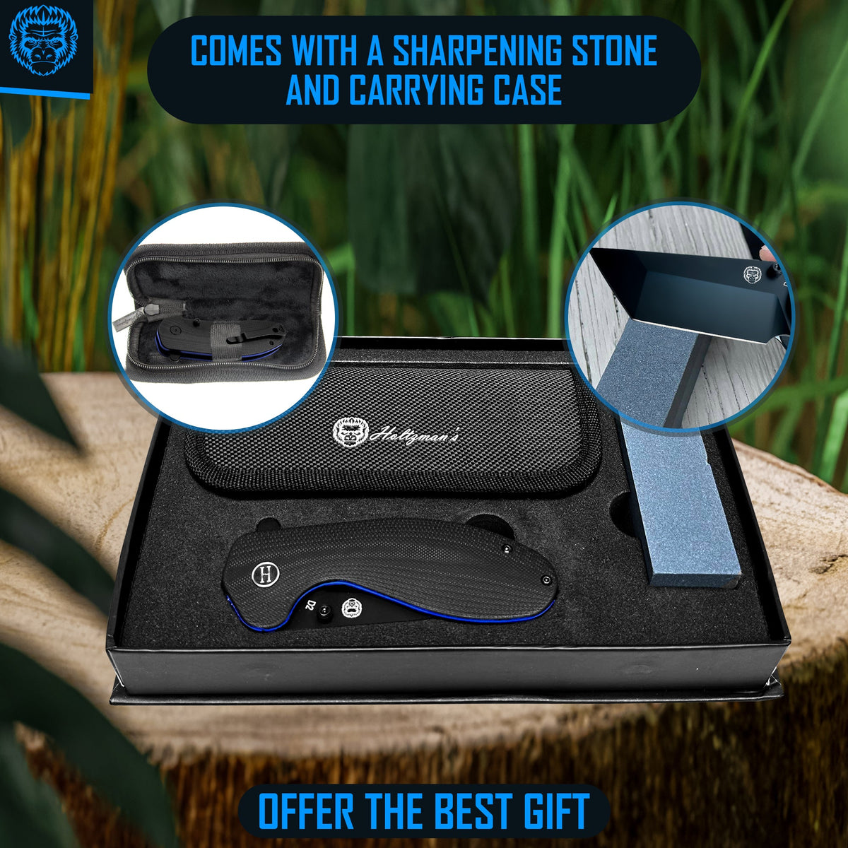 Knife set with sharpening stone and carrying case on a wooden surface with grass in the background.