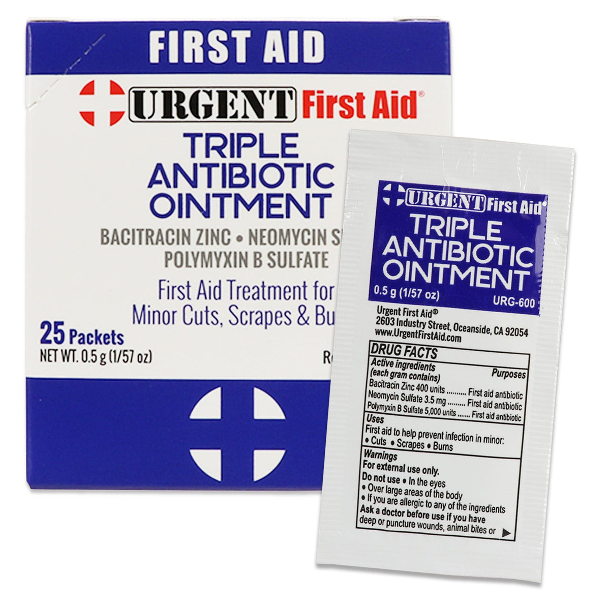 Urgent First Aid triple antibiotic ointment packaging and packets on a white background