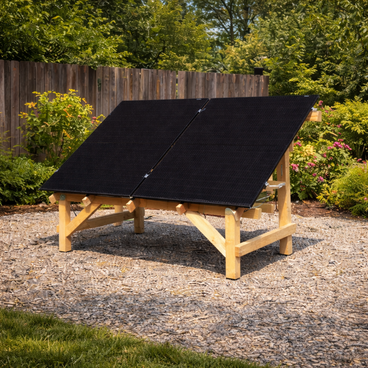 Solar panel on a wooden stand outdoors with greenery in the background