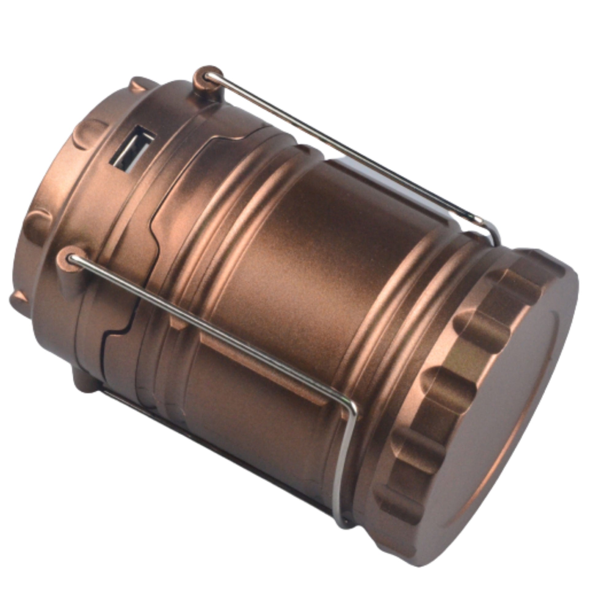 Cylindrical copper-colored flashlight with metal accents on a white background