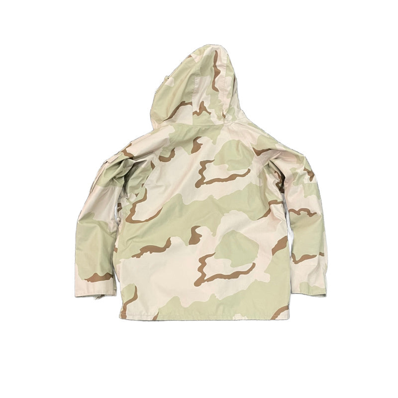 Camouflage-patterned raincoat on a white background