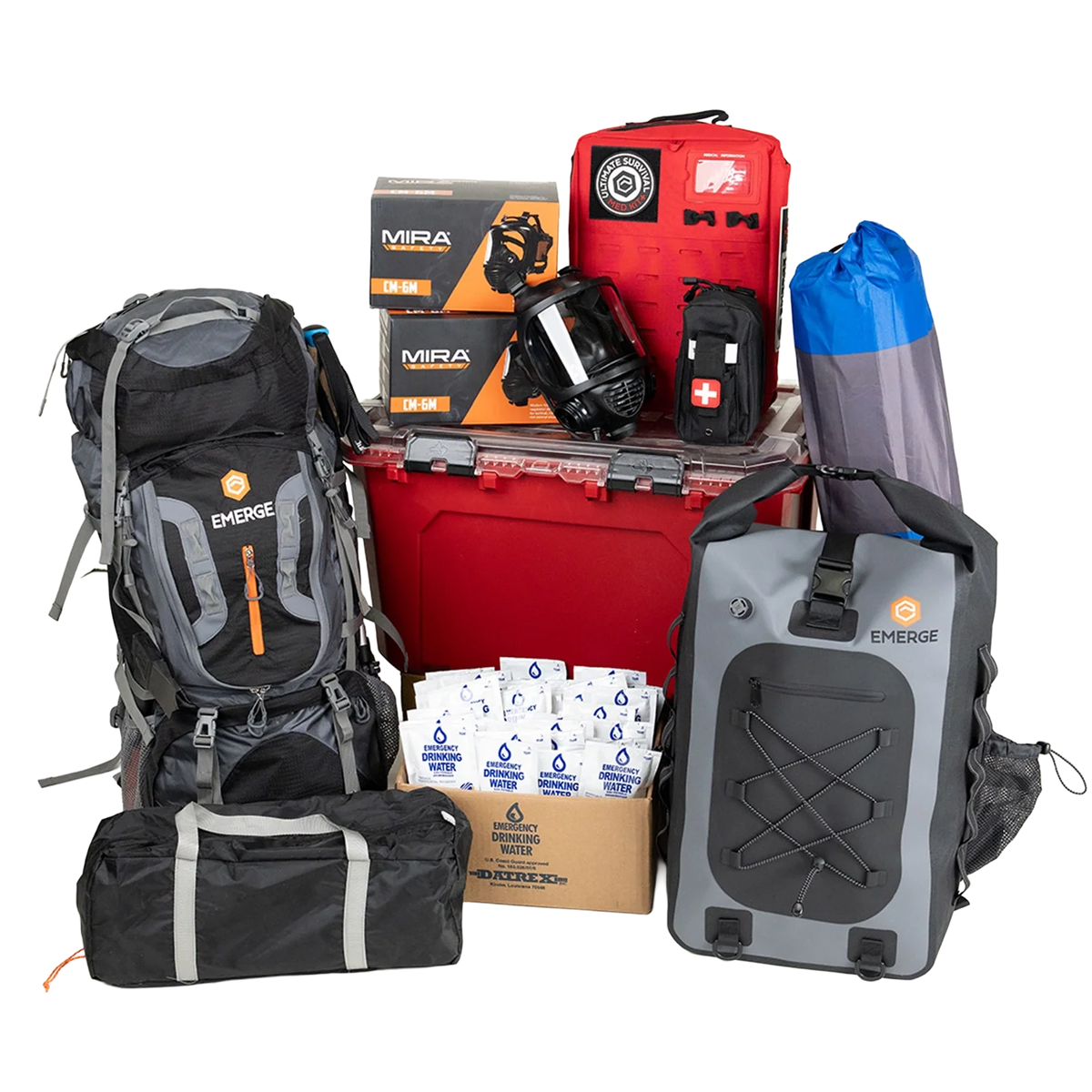 Collection of outdoor and emergency supplies including backpacks, a cooler, and medical kits on a white background.