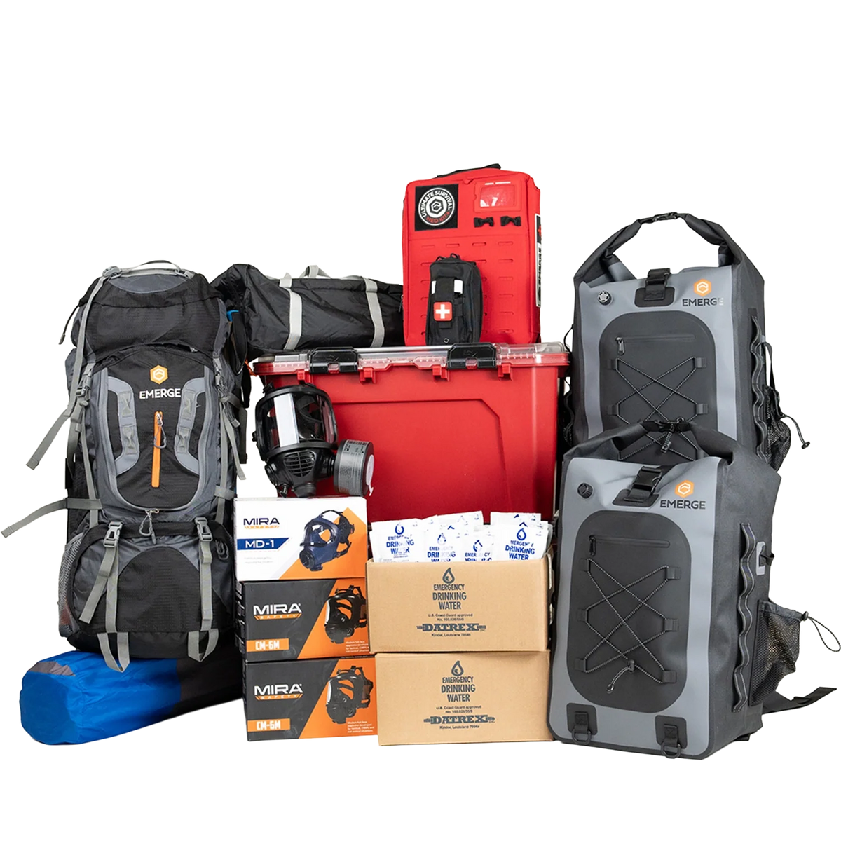 Collection of backpacks, storage cases, and boxes on a white background