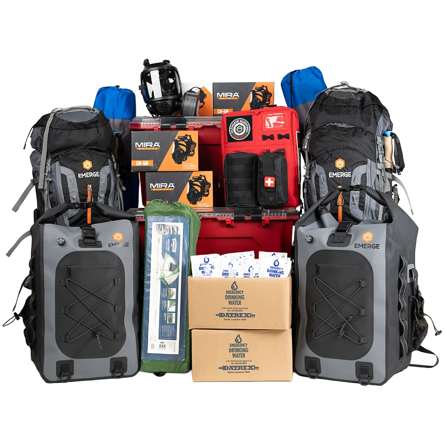 Collection of Emerge backpacks and emergency supplies on a white background