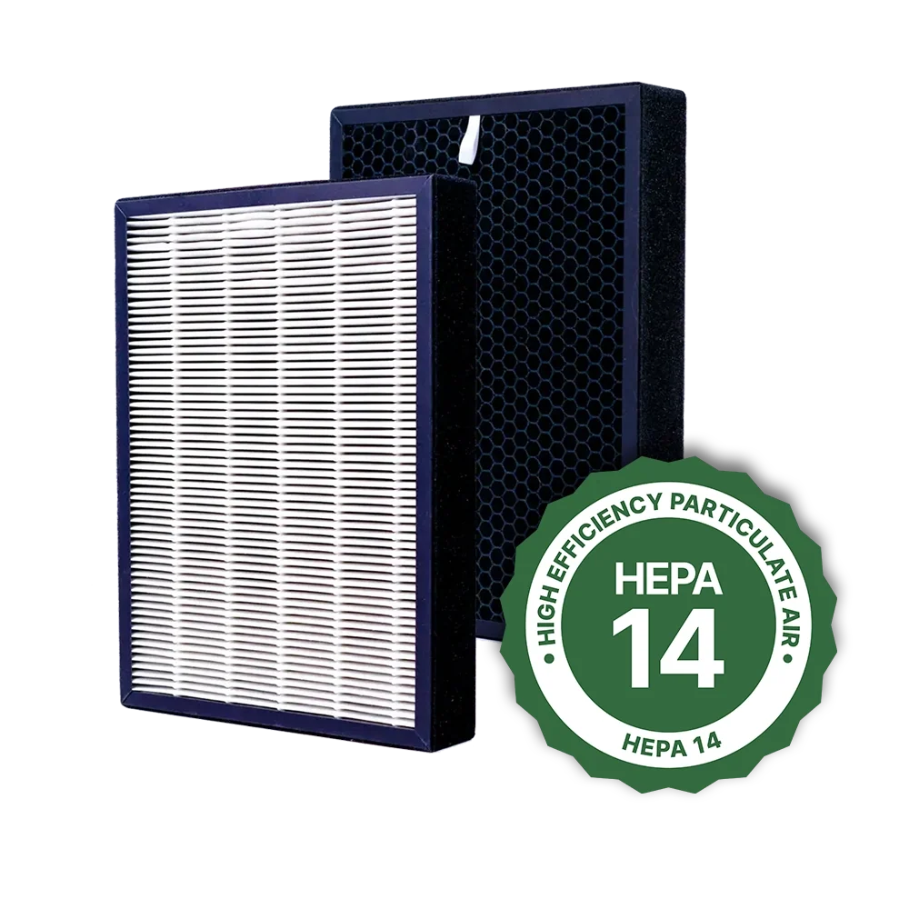 Two air filters with a HEPA 13 badge on a white background