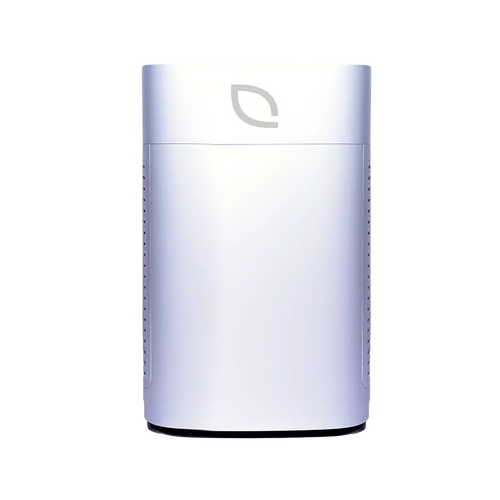 White cylindrical device with a brand logo on a white background