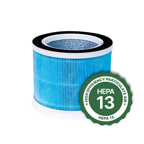 Blue air filter with HEPA 14 certification badge on a white background