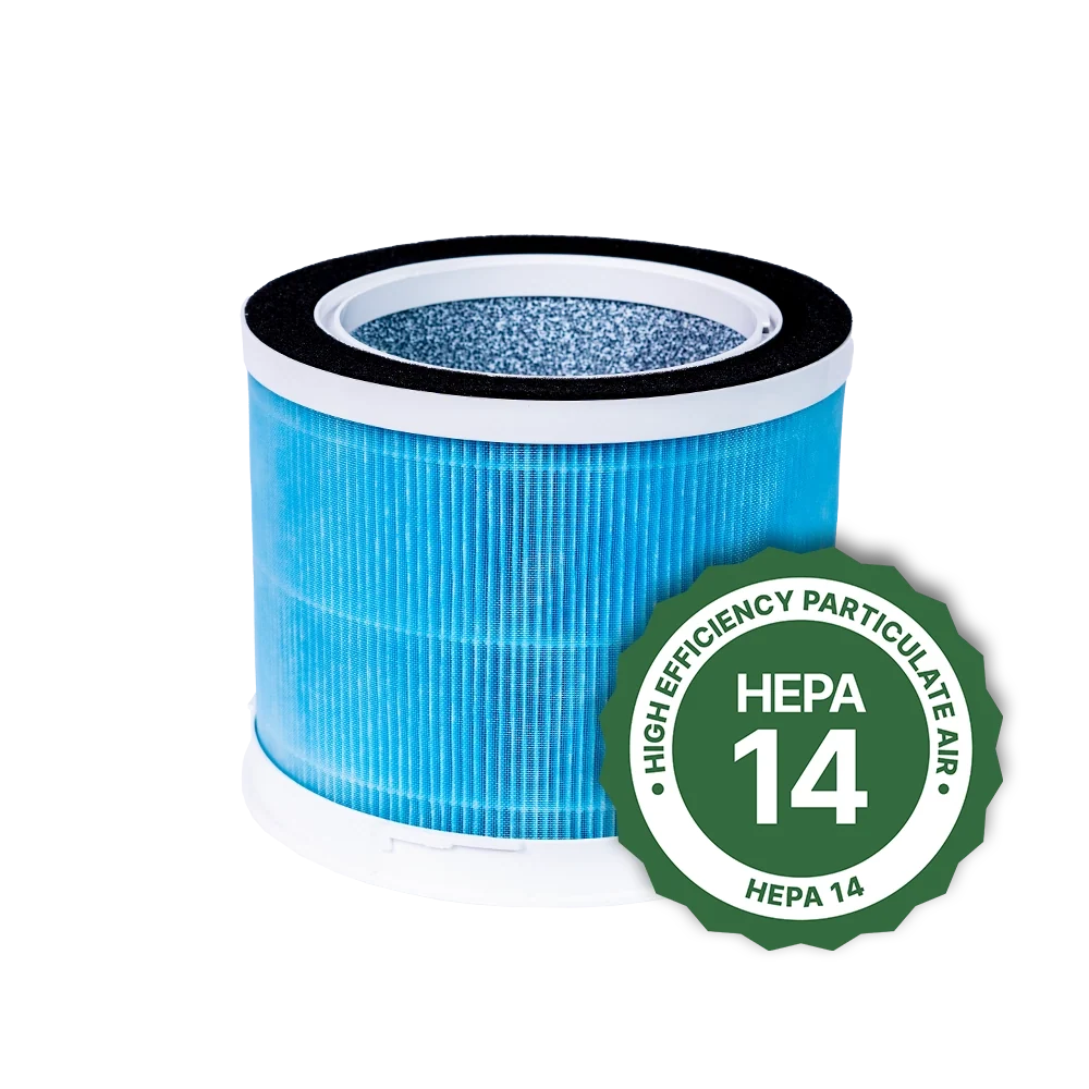 Blue air filter with HEPA 14 certification badge on a white background