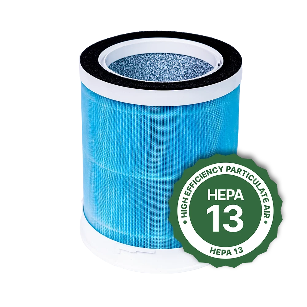 Blue cylindrical HEPA filter with HEPA 14 certification badge on a white background