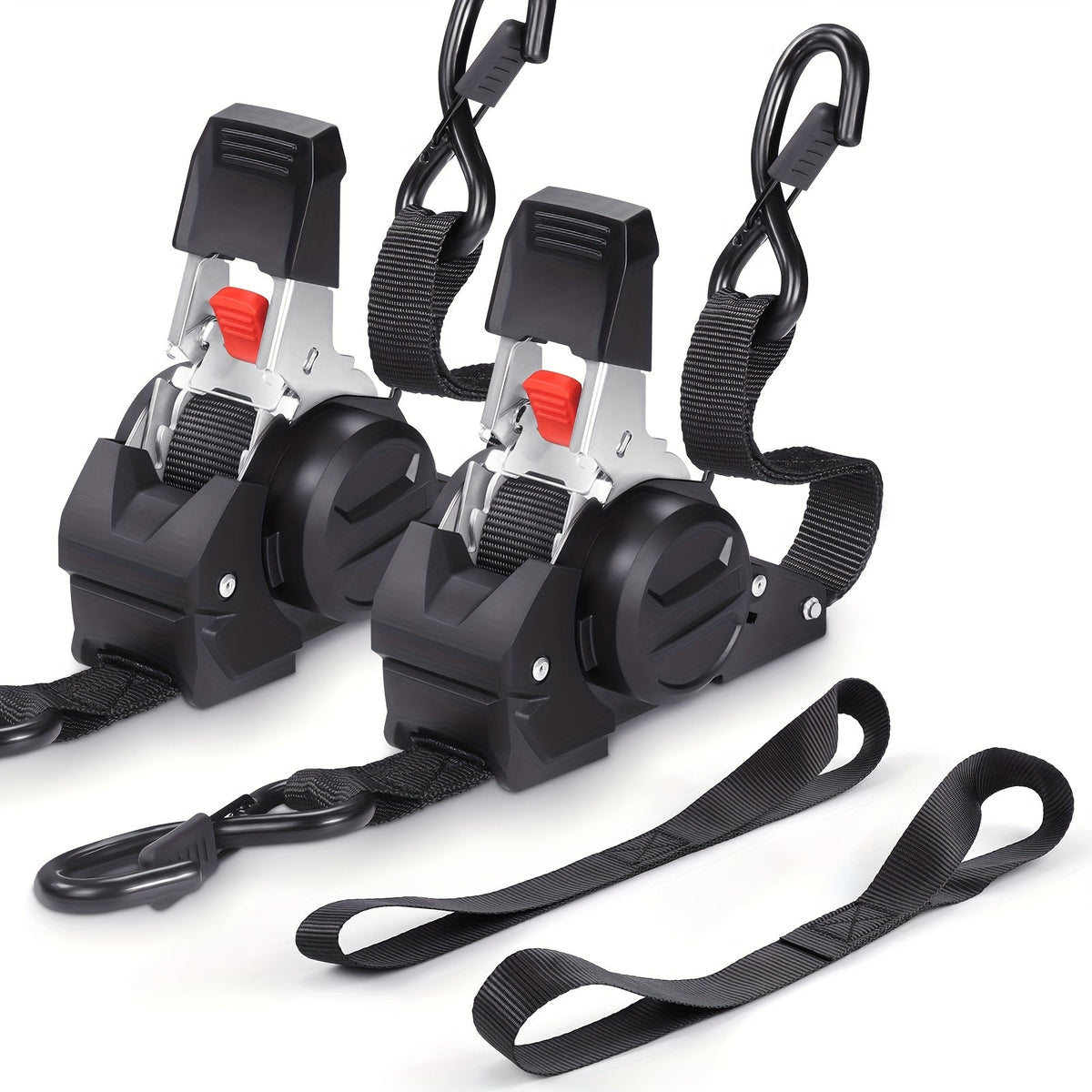 Two black vehicle roof racks with straps on a white background