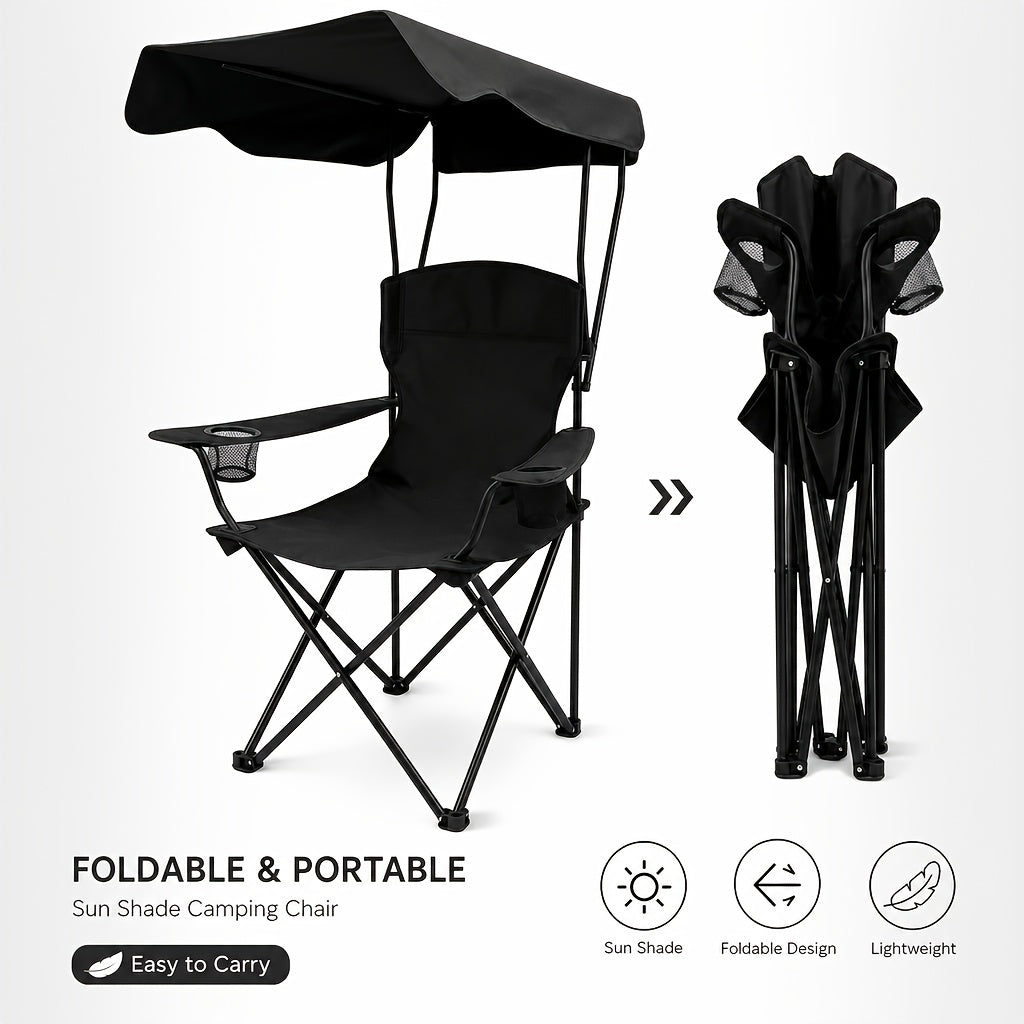 Black foldable camping chair with an attached sun shade canopy, shown in unfolded and folded positions on a light gray background, with text and icons highlighting portability, sun shade, foldable design, and lightweight features.