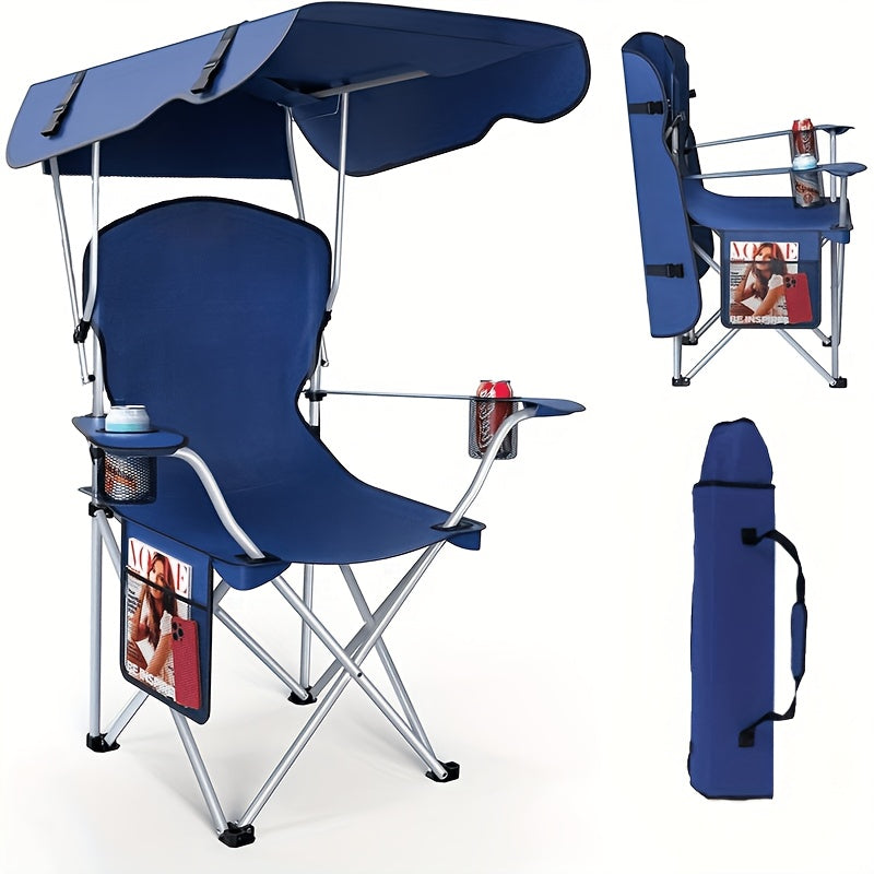 Blue camping chair with canopy, table, and storage bag on a white background