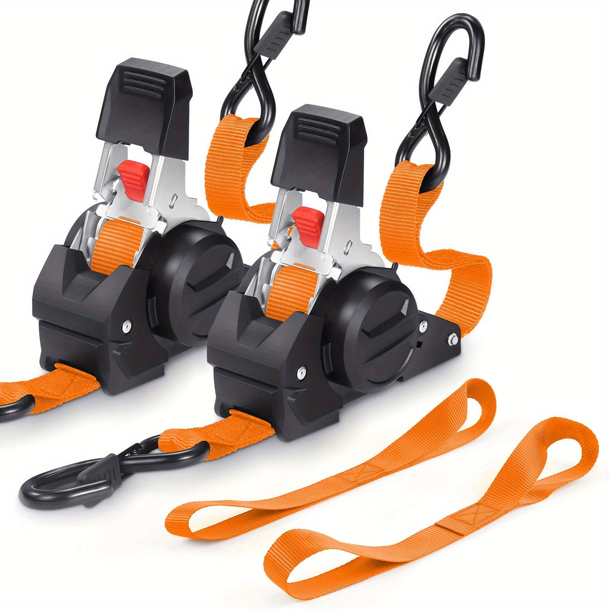 Two black and orange strap tensioners with straps on a white background