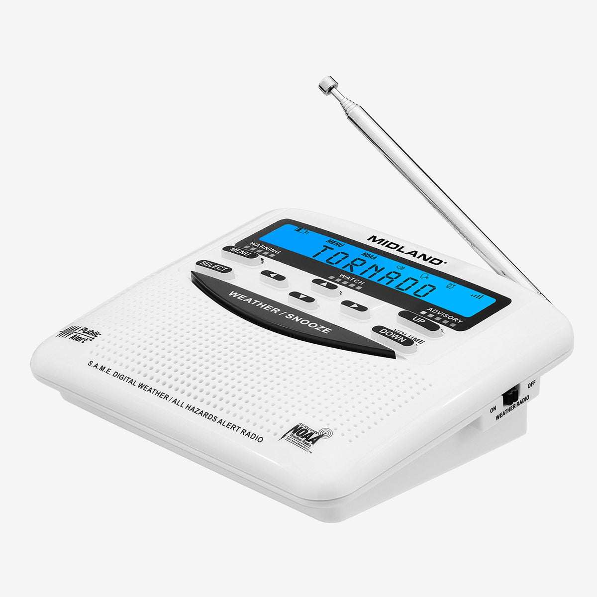 A white Midland digital weather and tornado alert radio with an extended silver antenna, shown on a light gray background.