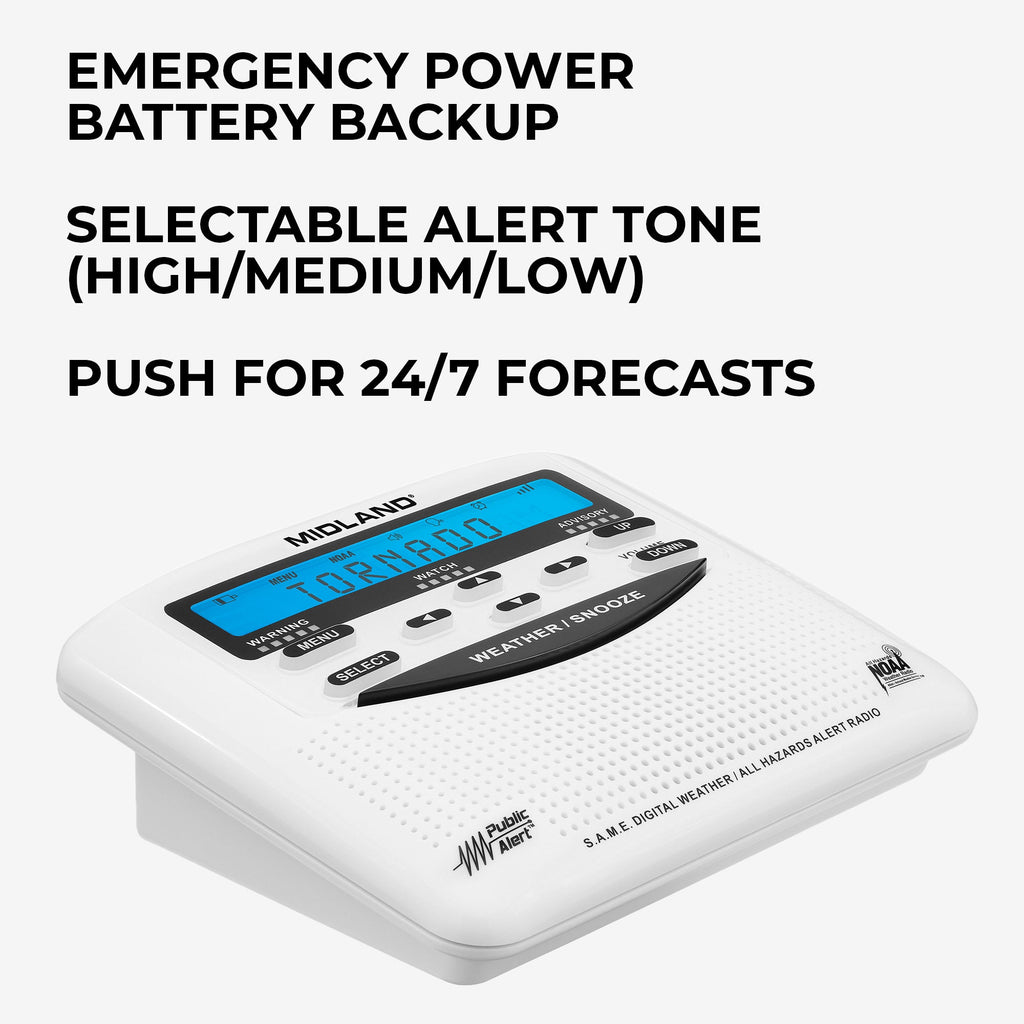 A white Midland digital weather alarm radio with a blue display screen, shown on a light gray background with promotional text highlighting emergency power battery backup, selectable alert tones, and 24/7 forecasts.
