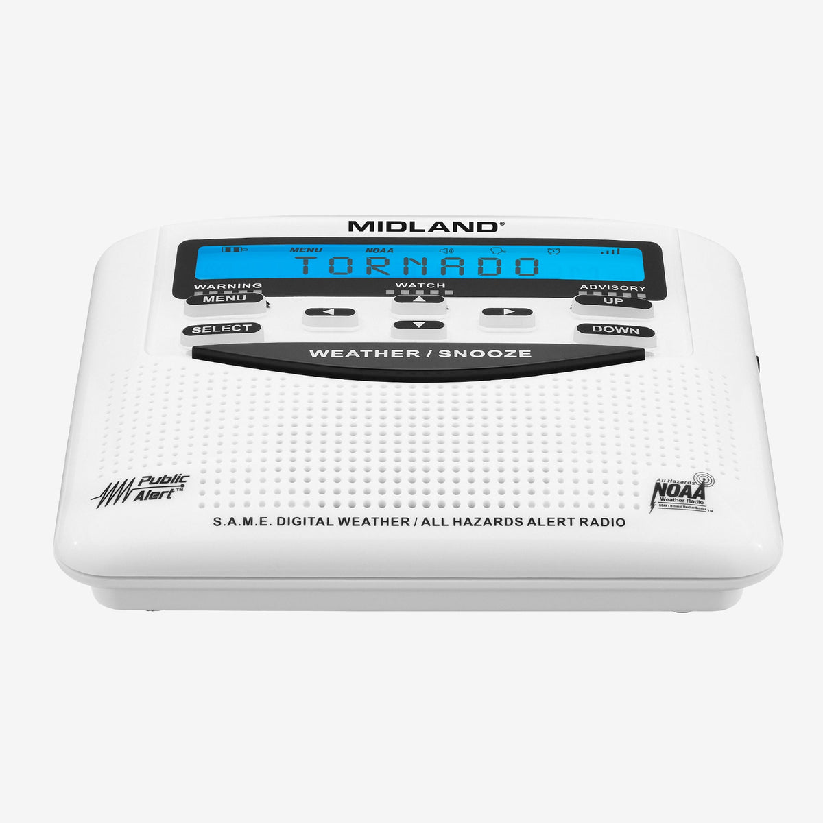 Midland weather radio with digital display on a white background