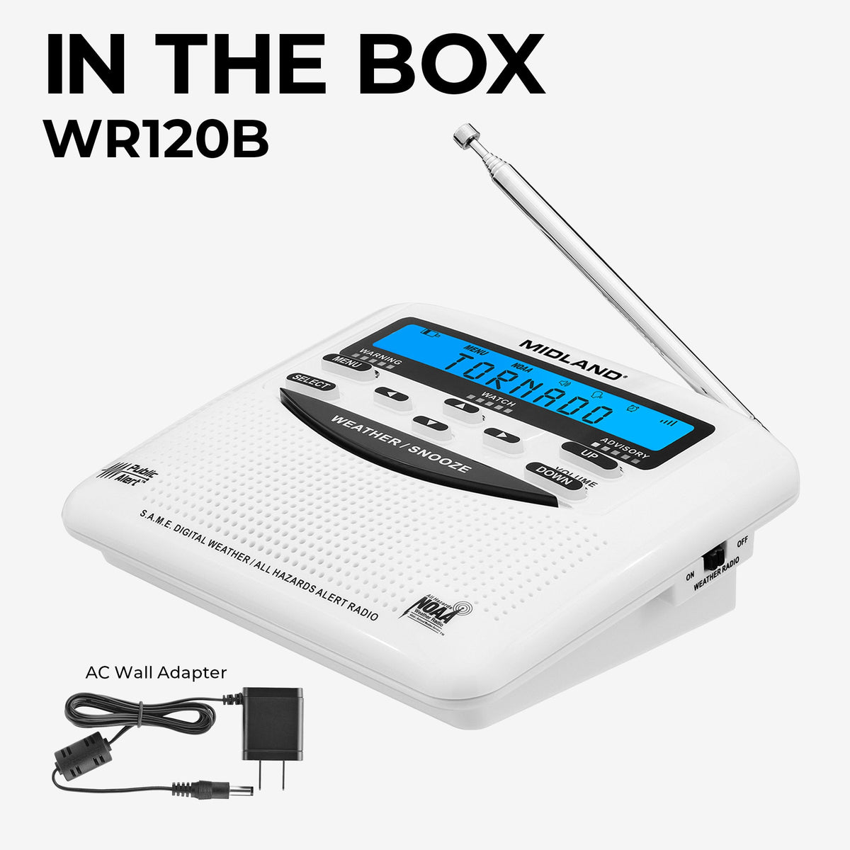 Midland WR120B digital weather radio shown at an angle with its antenna extended, alongside an AC wall adapter and bold text reading 'IN THE BOX WR120B' on a light gray background.