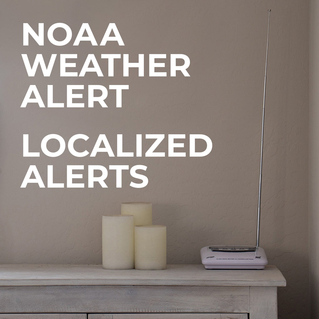 Vintage radio on a wooden surface with candles against a plain wall, featuring text about NOAA weather alerts.