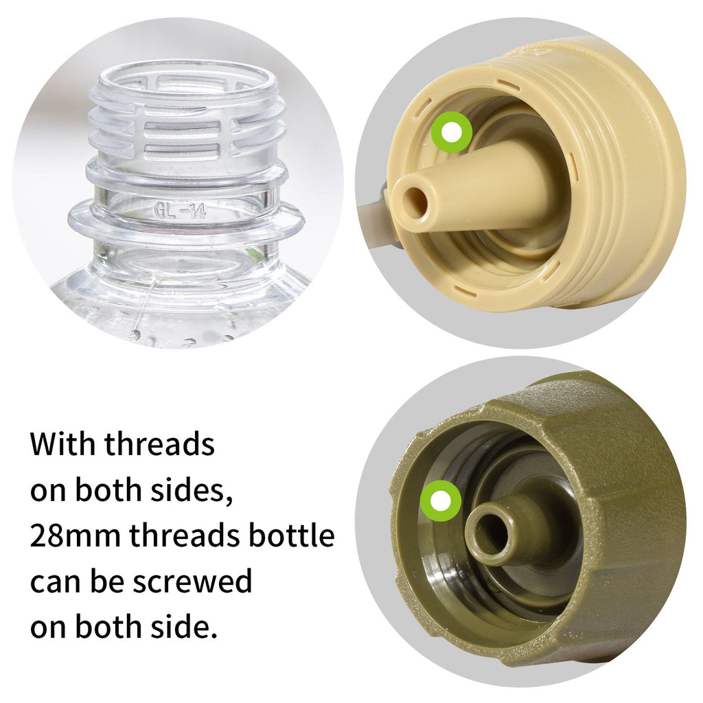 Three views of a bottle cap with threads on both sides, featuring clear, beige, and gold colors.