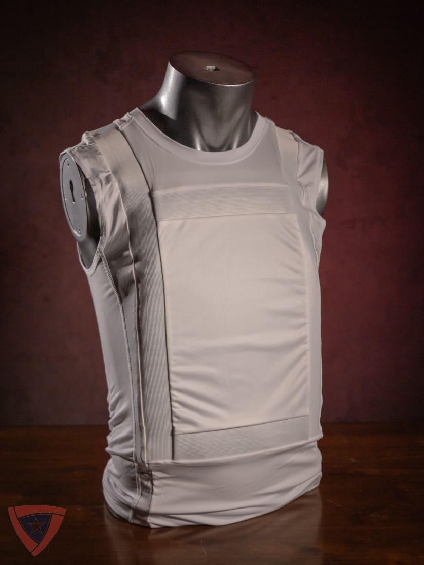 White protective vest on a mannequin against a dark background