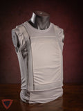 White protective vest on a mannequin against a dark background