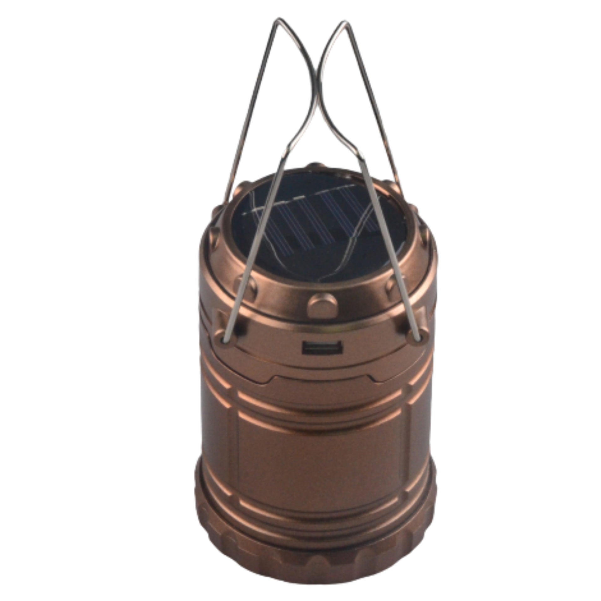 Copper-colored lantern with solar panel on a white background
