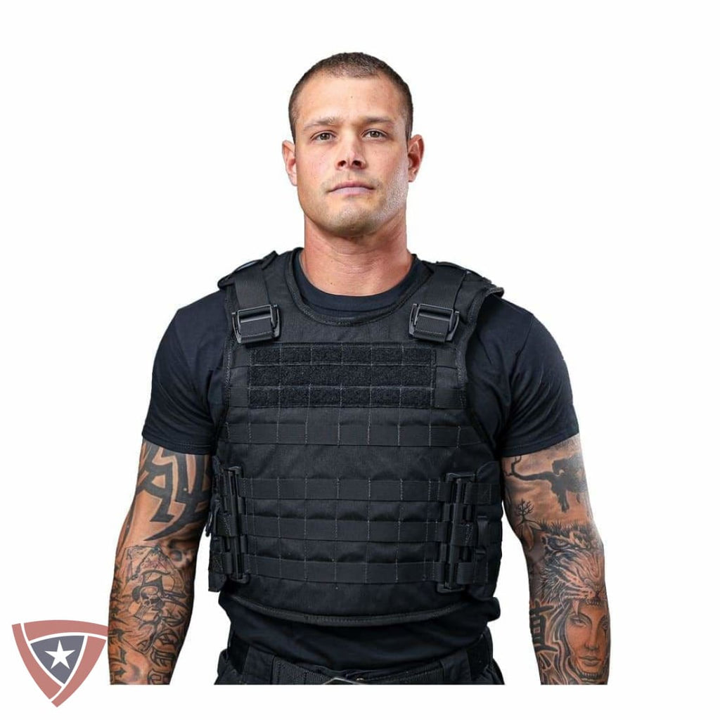 Man wearing a black tactical vest on a white background