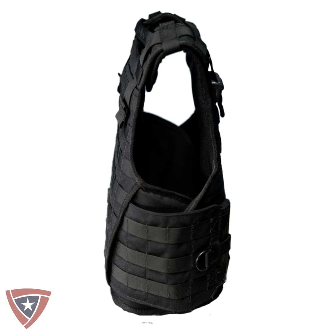 A black tactical vest or body armor plate carrier shown from the side against a plain white background, with a small shield logo in the bottom-left corner.