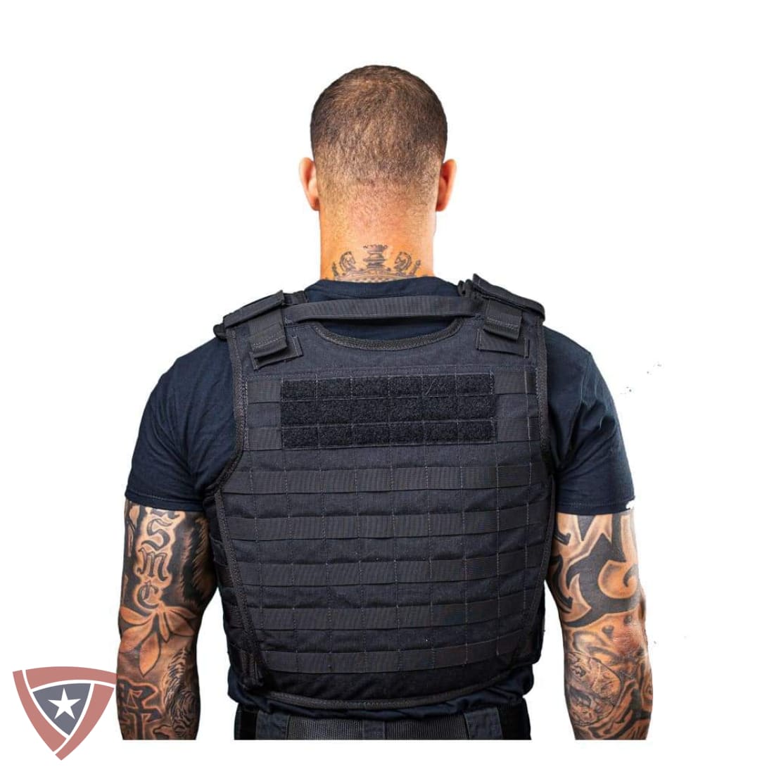 Person wearing a black tactical vest on a white background